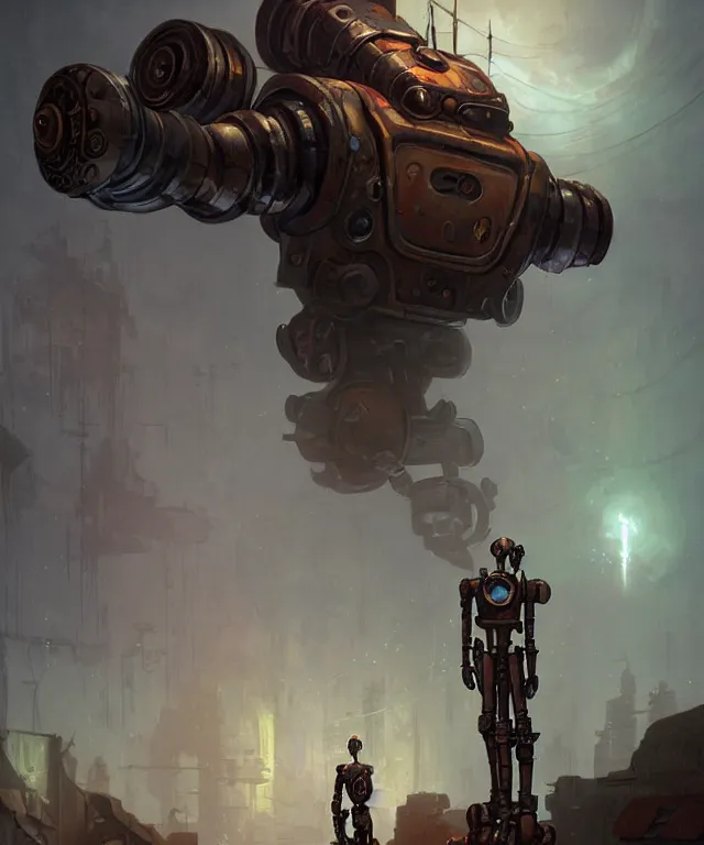 Prompt: an rusty old vintage sci - fi robot, standing an abandoned alleyway, dnd character art portrait, matte fantasy painting, deviantart artstation, by jason felix by steve argyle by tyler jacobson by peter mohrbacher, cinematic lighting