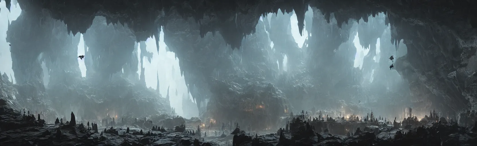 Prompt: inside view of the batman cave, bats flying around, stalagmites and stalaclites, unreal engine, Greg Rutkowski, James Gurney, artstation