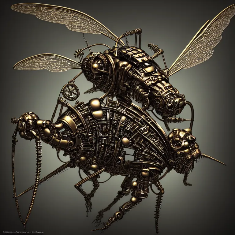 Image similar to steampunk cybernetic biomechanical mosquito with wings, 3 d model, very coherent symmetrical artwork, unreal engine realistic render, 8 k, micro detail, intricate, elegant, highly detailed, centered, digital painting, artstation, smooth, sharp focus, illustration, artgerm, tomasz alen kopera, wlop
