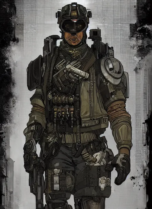 Image similar to cyberpunk blackops soldier. bomb suit. juggernaut. night vision. portrait by ashley wood and alphonse mucha and laurie greasley and josan gonzalez and james gurney. spliner cell, apex legends, rb 6 s, hl 2, d & d, cyberpunk 2 0 7 7. realistic face. dystopian setting.