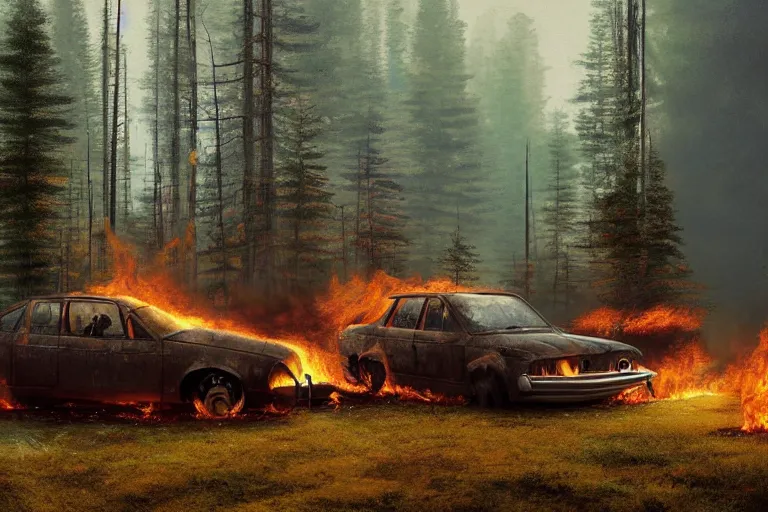 Image similar to burning car standing in a beautiful swedish forest, highly detailed, hyperrealistic, very sharp focus, intricate, soft lighting, wide shot photograph, digital painting by simon stålenhag