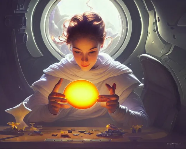 Prompt: a person with a fried egg as a head, inside a spaceship, deep focus, d & d, sci - fy, intricate, elegant, highly detailed, digital painting, artstation, concept art, matte, sharp focus, illustration, hearthstone, art by artgerm and greg rutkowski and alphonse mucha