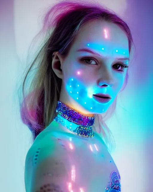 Prompt: natural light, soft focus portrait of an android with soft synthetic pink skin, blue bioluminescent plastics, smooth shiny metal, elaborate electronic jewellery, screens for eyes, leds, piercings, face tattoo, skin textures, by annie liebovotz, paul lehr,