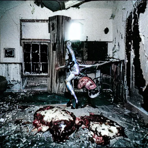 Image similar to 1 9 9 3, disposable camera, flash, old abandoned house, mutant creature standing, meat, ooze, slime, veins, wet