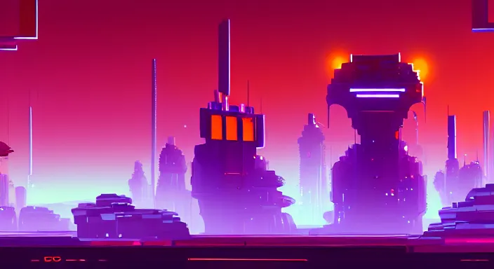 Prompt: beauiful background painting of night level of a 2 d sidescroller game, in a futuristic city in an alien world, orange sky, video game art, pixel art, concept art, surreal and charming, synthwave, ultra detailed, cool lighting, trending on artstation