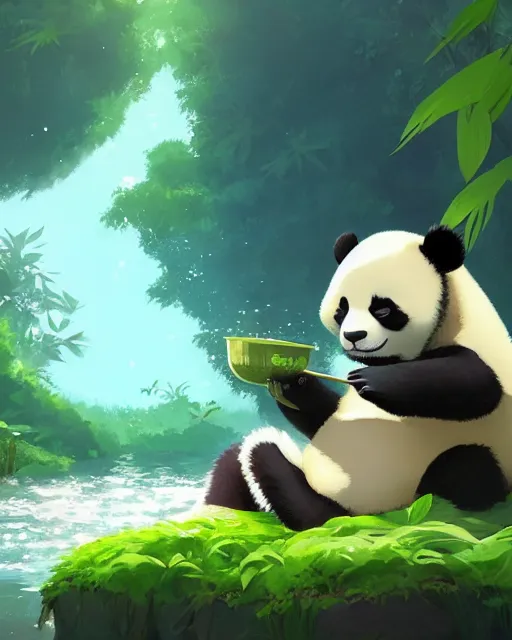 Image similar to a panda taking a bath in a spring with lush vegetation around, cory loftis, james gilleard, atey ghailan, makoto shinkai, goro fujita, character art, rim light, exquisite lighting, clear focus, very coherent, plain background, soft painting