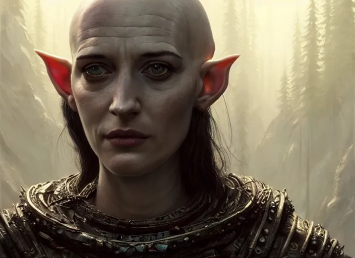 Image similar to highly detailed portrait of eva green as a bald tribal elf, in skyrim, stephen bliss, unreal engine, fantasy art by greg rutkowski, loish, rhads, ferdinand knab, makoto shinkai and lois van baarle, ilya kuvshinov, rossdraws, tom bagshaw, global illumination, radiant light, detailed and intricate environment