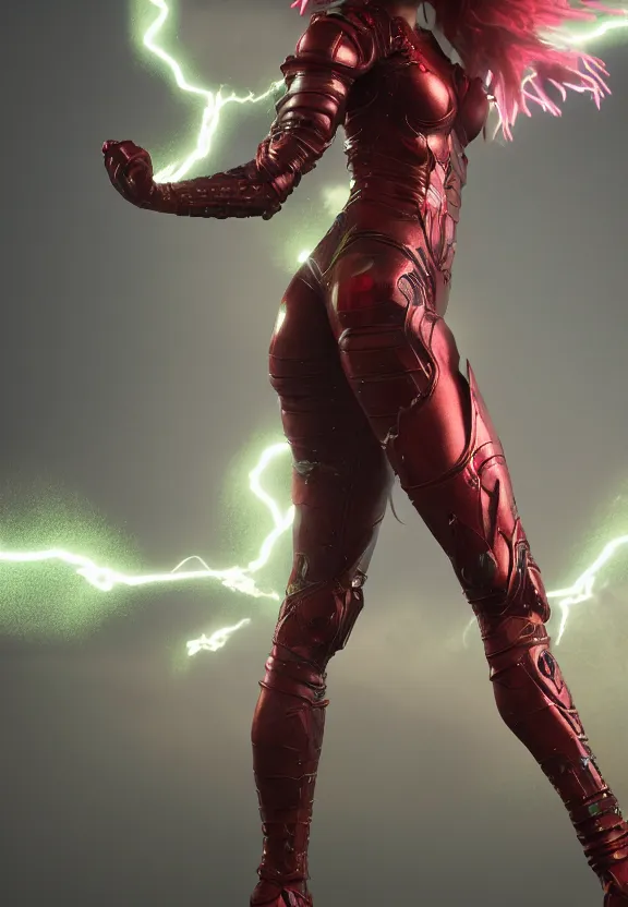 Image similar to vfx, octane render, zbrush, beautiful anatomically correct woman, wearing spandex armour with flowing red hair and green eyes, super hero full body, walking towards the camera, volumetric lightning, highly detailed, UE5 render, art station, center of picture.