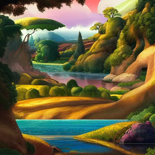 Image similar to A beautiful digital art of of a landscape. It is a stylized and colorful view of an idyllic, dreamlike world with rolling hills, peaceful looking animals, and a flowing river. The scene looks like it could be from another planet, or perhaps a fairy tale. studio lighting by Michelangelo rich details, daring