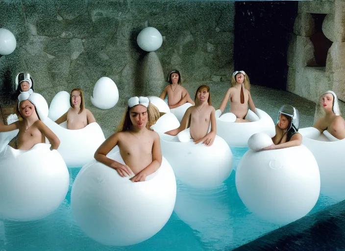 Image similar to realistic photo of a group of common medieval girls in white tights, white spherical helmets, in a big white plastic sci - fi egg - like pool with black water capsule, in a center of the wooden living room with medieval wooden walls 2 0 0 0, life magazine photo,