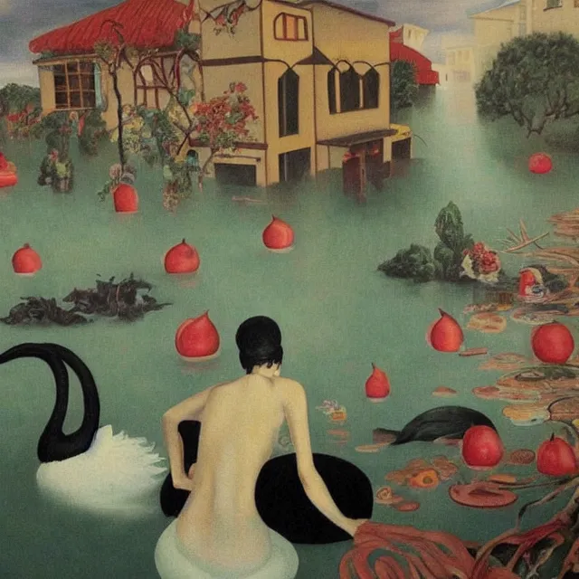 Image similar to tall female emo vegan socialist artist in their flooded apartment, painting of flood waters inside an artist's home, a river flooding indoors, pomegranates, pigs, ikebana, zen, water, octopus, river, rapids, waterfall, black swans, canoe, berries, acrylic on canvas, surrealist, by magritte and monet