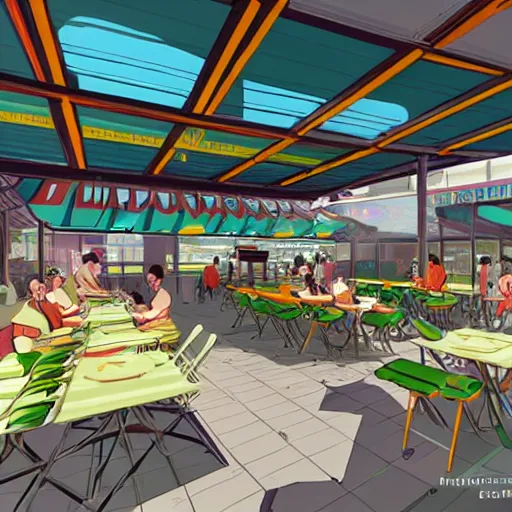 Image similar to A hawker centre in the style of Syd Mead