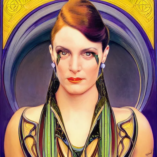 Image similar to an art nouveau, ( streamline moderne ), multi - ethnic portrait in the style of donato giancola and anna dittmann and charles dulac. very large, clear, expressive, and intelligent eyes. symmetrical, centered, ultrasharp focus, dramatic lighting, photorealistic digital matte painting, intricate ultra detailed background.