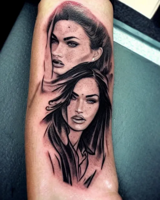 Image similar to double exposure effect tattoo sketch of megan fox faded with a beautiful mountain scenery, realism tattoo, in the style of matteo pasqualin, amazing detail, sharp