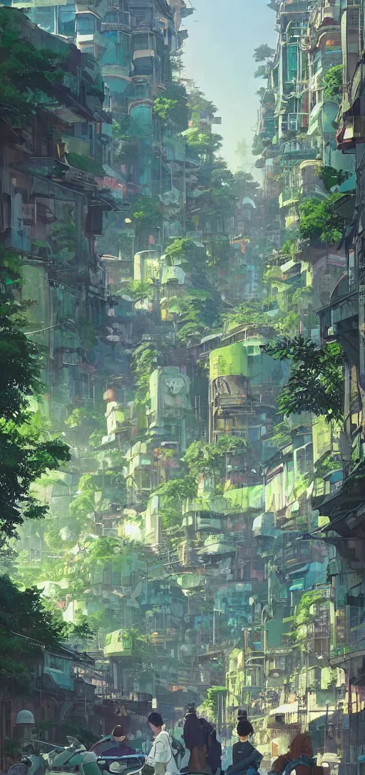 Image similar to Downtown solarpunk utopia, clean streets, green, optimistic, clean and sharp colors, by studio ghibli and greg rutkowski