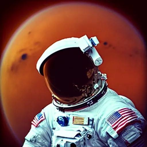 Prompt: wide angle pinhole photo of an astronaut infinite helmet on Mars award winning national geographic,mars surface can be seen in the helmet reflection