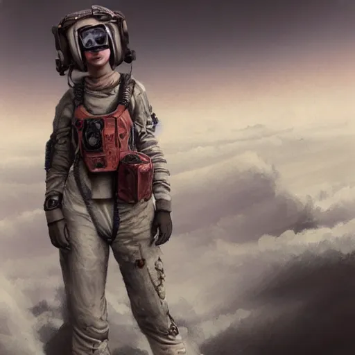 Image similar to tattooed dirty stoic butch heroic emotionless blonde woman engineer in tattered dirty flight suit, very short messy hair, victorian goggles, back pose, crossing primitive hostile alien desert, clouds of red dust, highly detailed, digital painting, artstation, concept art, matte, sharp focus, illustration, art by artgerm and greg rutkowski