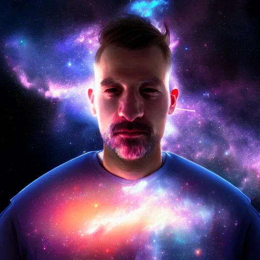 Image similar to an ultrarealistic portrait of a man with space nebulaes replacing his face trending on artstation and cgsociety made by hubble