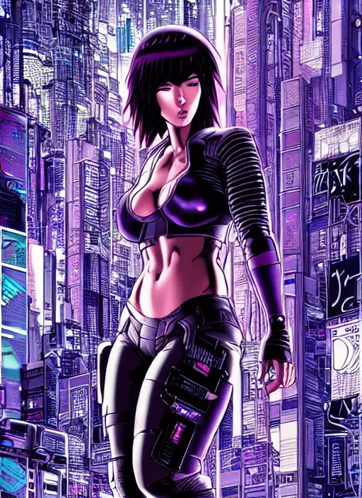 Image similar to motoko kusanagi in grungy cyberpunk megacity, intricate and finely detailed, cyberpunk vaporwave, portrait by j scott campbell, phil jimenez, ilya kuvshinov