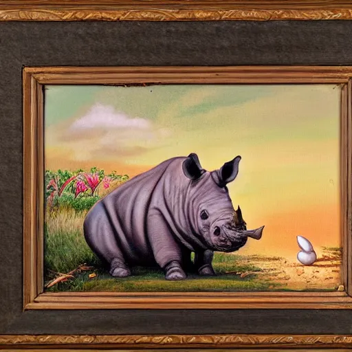 Image similar to oil on canvas of, rhinoceros hatching an egg in hawaii