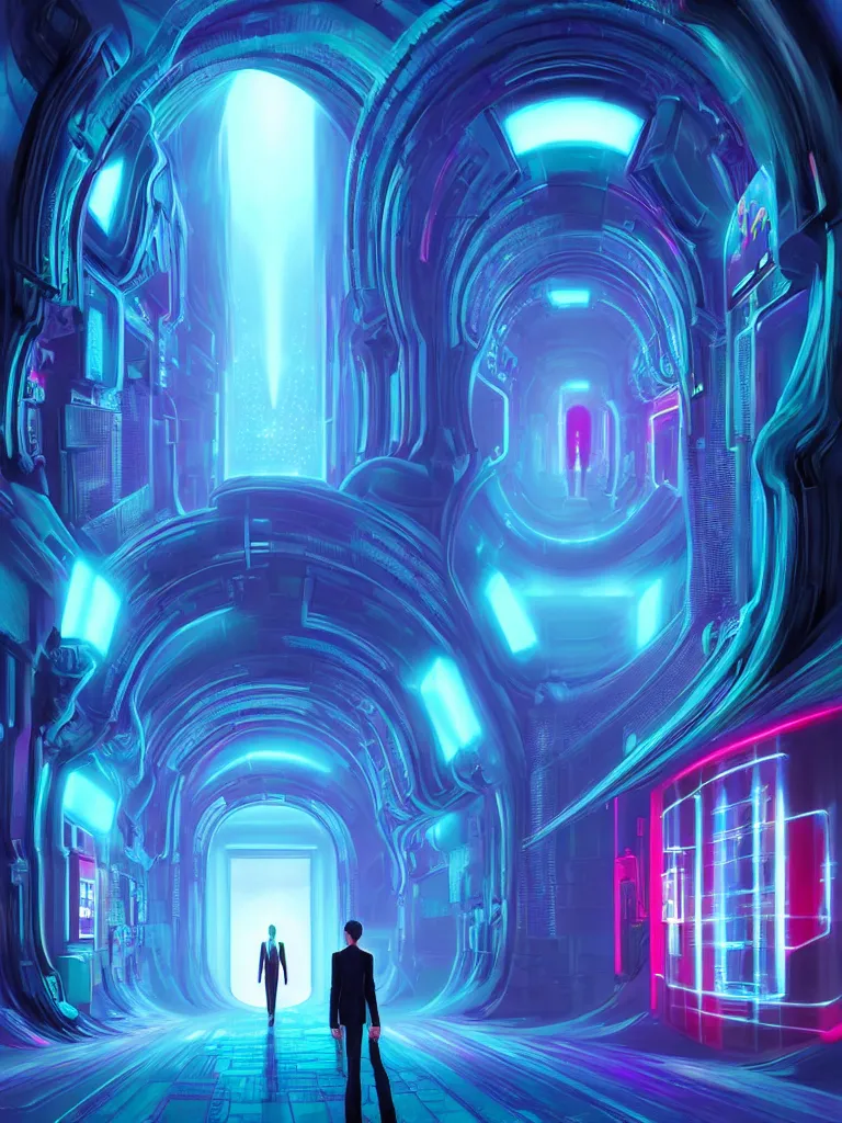 Prompt: entrance to mainframe ethereal realm, ai sentient, rendered in unreal engine, central composition, symmetrical composition, dreamy colorful cyberpunk colors, 6 point perspective, fantasy landscape with anthropomorphic terrain in the styles of igor morski, jim warren and rob gonsalves, intricate, hyperrealistic, volumetric lighting, neon ambiance, distinct horizon