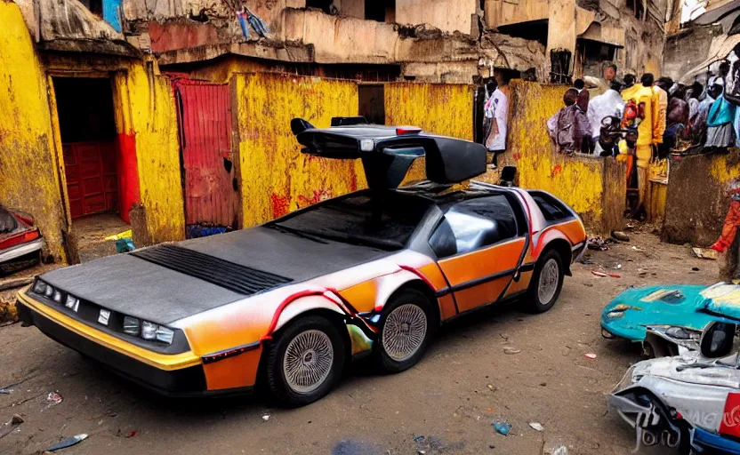 Image similar to a red and yellow delorean in ajegunle slums of lagos - nigeria, magazine collage, masterpiece,