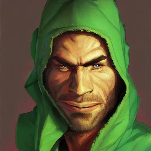 Image similar to portrait of a chad programmer with green hood by jesper ejsing