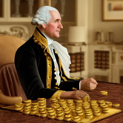 Image similar to a closeup photorealistic photograph of a happy George Washington inspecting small gold Doubloon coins at his home on Cherry Street. This 4K HD image is Trending on Artstation, featured on Behance, well-rendered, extra crisp, features intricate detail and the style of Unreal Engine.