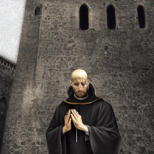 Prompt: Digital portrait of a terrified catholic priest in his twenties fervently praying at the top of a medieval tower. He is looking horrified as a yellow shadow descends upon him from the night sky. Dramatic lighting. Award-winning digital art, trending on ArtStation