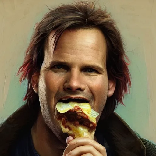 Prompt: portrait of Bill Paxton opening his mouth to eat pizza, highly detailed, digital painting, artstation, concept art, sharp focus, illustration, art by artgerm and greg rutkowski and alphonse mucha