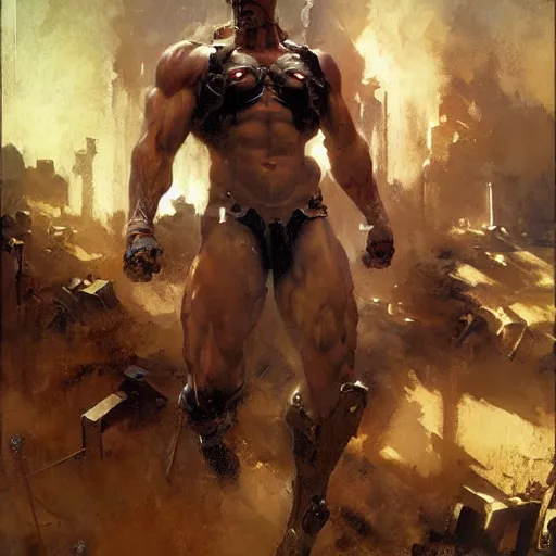 Image similar to muscular male cyborg, muscle, painting by gaston bussiere, craig mullins, greg rutkowski, yoji shinkawa