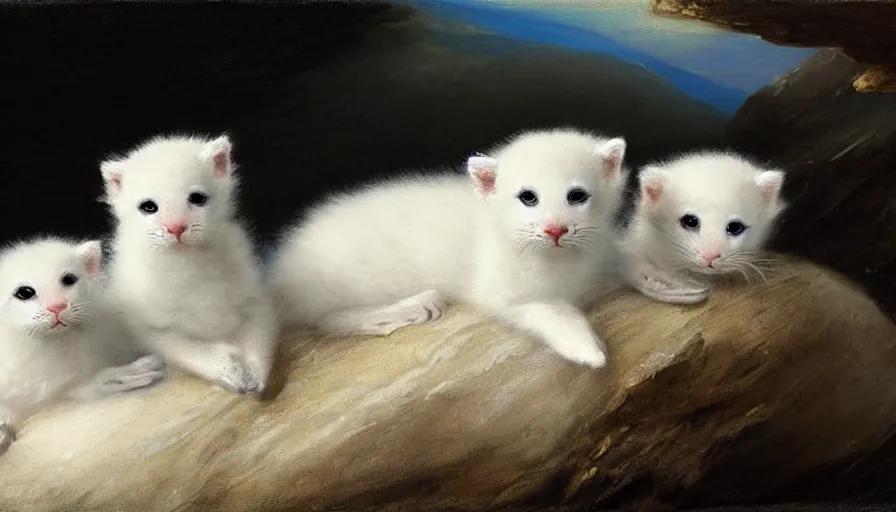 Prompt: highly detailed painting of cute furry white baby seal kittens cuddling into each other on a blue and white iceberg by william turner, by greg rutkowski, by william constable, thick brush strokes and visible paint layers, 4 k resolution