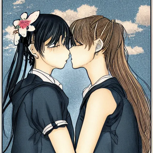 Anime Style Illustration Two Girls Kissing Stock Vector by ©Malchev  660342860