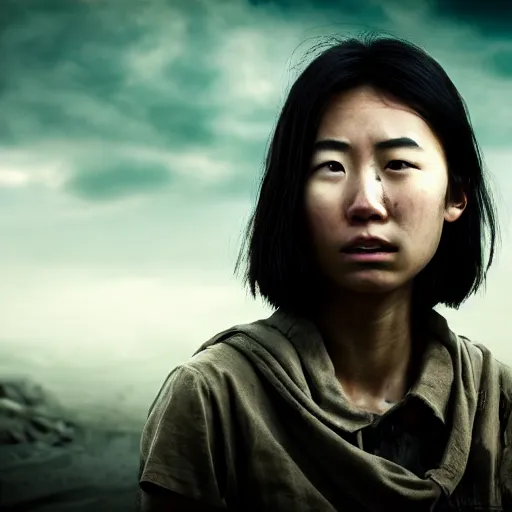 Image similar to photographic portrait of a young asian women in apocalypse, last days on earth, highly detailed, 8 k, cinematic lighting