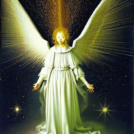 Prompt: highdetailed hyperrealistic of white angel!!! giant ball of miracle light from the chest!!!!!, white sparkles everywhere, lot of fire and stars overhead!!!, by jan van eyck, holography space, glow effect, large strokes, clean lines, white monocolor, oil painting