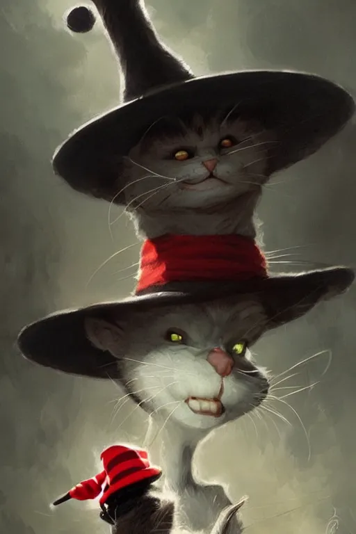 Prompt: the cat in the hat, scary, cinematic, concept art by greg rutkowski and artgerm and dr seuss