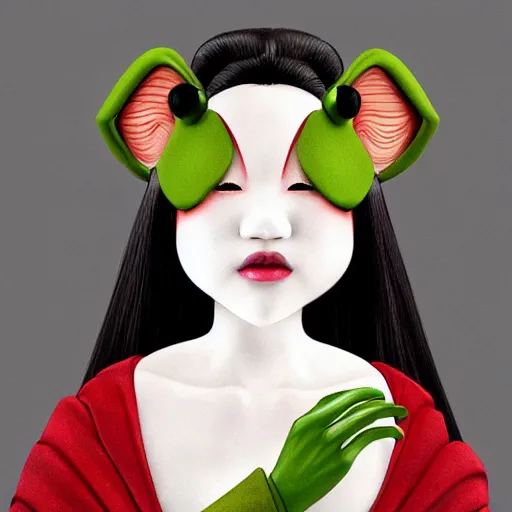 Prompt: organic seductive Geisha Kermit the Frog from Sesame Street, pearlescent skin, diffuse lighting, fantasy, intricate, elegant pose, highly detailed, lifelike, photorealistic, digital painting, artstation, illustration, concept art, different full body view, smooth, sharp focus, art by John Collier and Albert Aublet and Leonardo da vinci and Krenz Cushart and Artem Demura and Alphonse Mucha