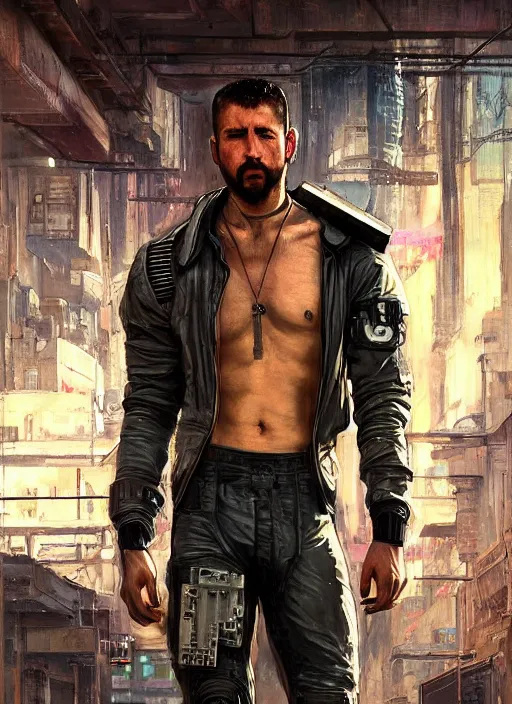 Prompt: buff joe. cyberpunk mercenary in a cyberpunk jumpsuit ( blade runner 2 0 4 9, cyberpunk 2 0 7 7 ). orientalist portrait by john william waterhouse and james gurney and theodore ralli and nasreddine dinet, oil on canvas. cinematic, hyper realism, realistic proportions, dramatic lighting, high detail 4 k