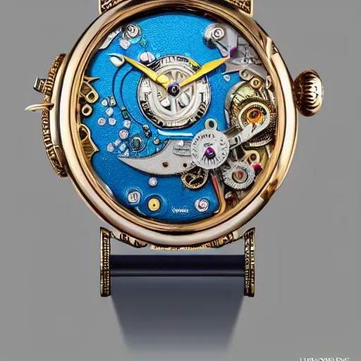 Prompt: a steampunk sleek, jewelled, tropical bird repeater watch by Jaquet Droz, gold and silver highlights, neon blue highlights, macro photography, F/2.8, trending on artstation, octane render