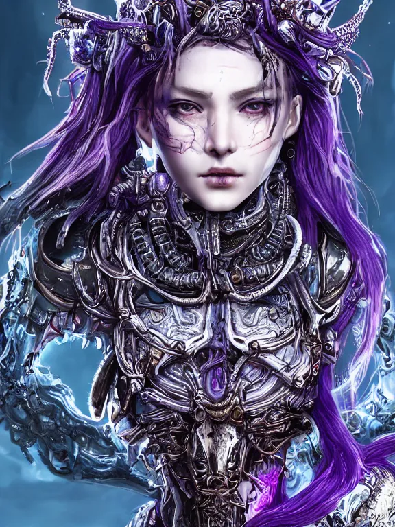 Image similar to portrait art of 8k ultra realistic purple-eyed girl,intricate red crown on small purple tentacles, detailed intricate blue ornate armour,decaying, cybernetic, full of colour, cinematic lighting, trending on artstation, 4k, hyperrealistic, focused, extreme details,unreal engine 5, cinematic, masterpiece, art by ayami kojima, giger