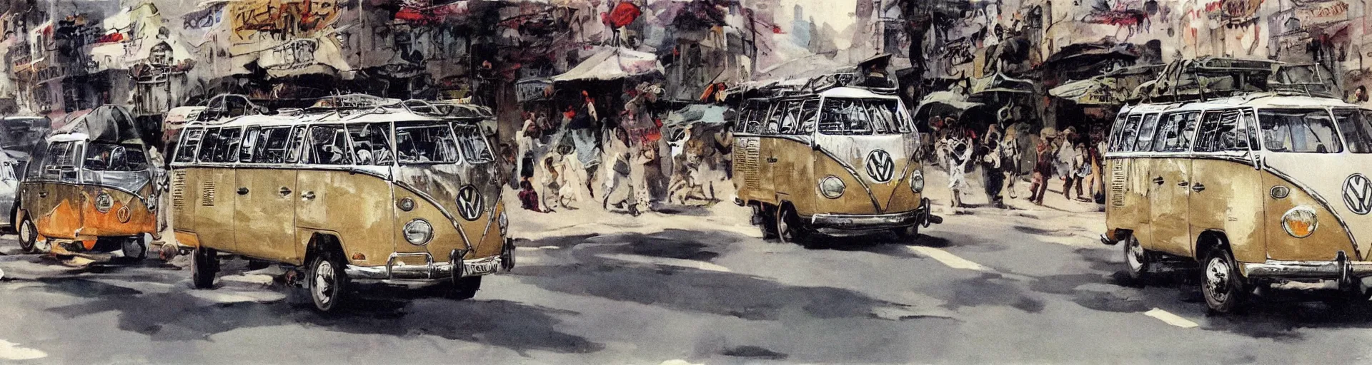 Image similar to a detailed vw buses racing in the street by frank frazetta