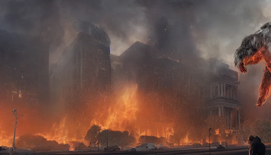 Prompt: giant bigfoot destroying washington dc, debris and fire, collapses building, burning white house, ashes, smoke columns, apocalypse, hyperdetailed, artstation, cgsociety, 8 k