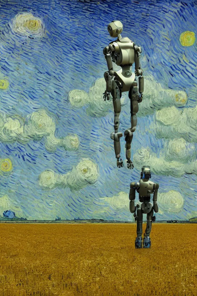 Image similar to concept art of the back view of one humanoid robot on the ground, many distant big tall buildings far away, vast wheat fields, by van gogh, godrays, atmospheric, cinematic, distant world, wide angle, detailed