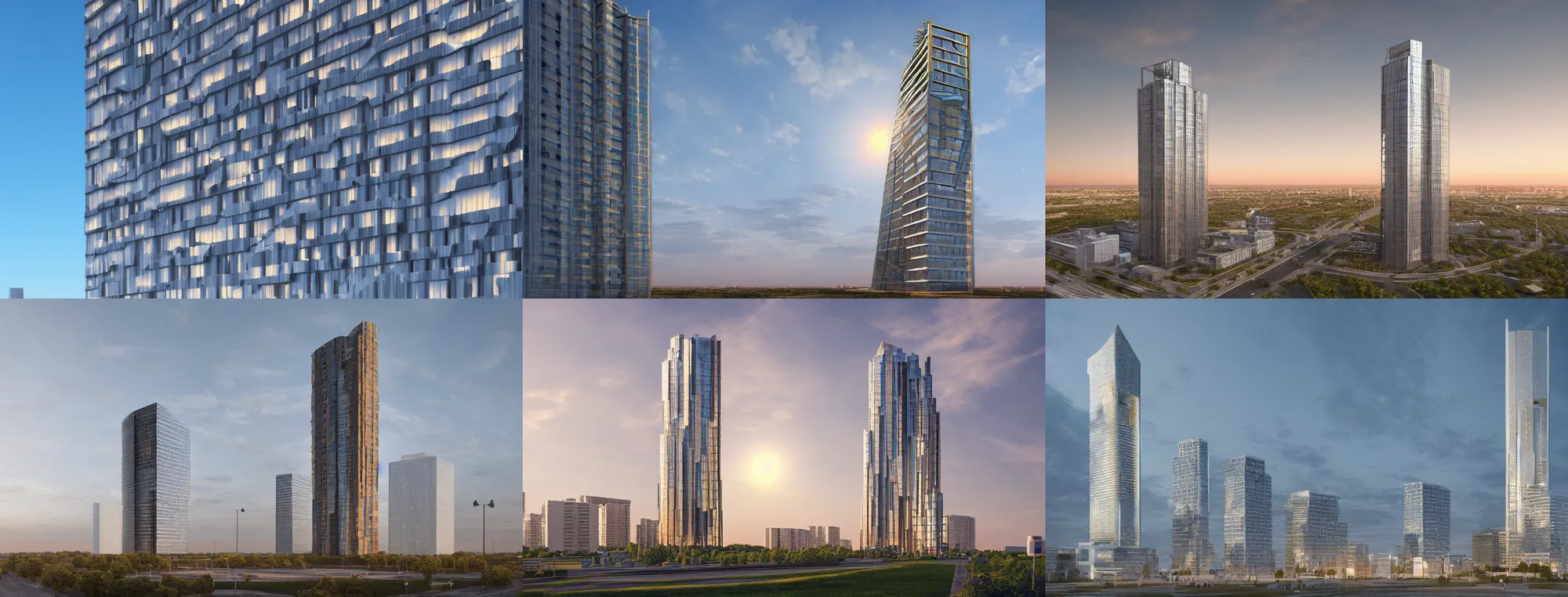 Prompt: futuristic skyscraper in omsk, sibiria, photo, arhitectural, render, realistic, summer, golden hour