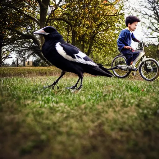 Image similar to A magpie chasing a boy on a bike, Canon EOS R3, f/1.4, ISO 200, 1/160s, 8K, RAW, unedited, symmetrical balance, in-frame