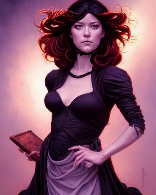 Image similar to style of gerald brom, artgerm : : gorgeous mary elizabeth winstead : : evil sorceress, swirling black magic, black dress : : symmetrical face, symmetrical eyes : : full body pose : : gorgeous red hair : : cinematic lighting : :