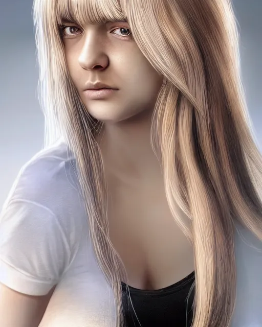 Image similar to portrait of 1 6 - year - old woman with dirty blonde hair down to her waist, pale eyebrows and protuberant silver eyes, wearing white shirt, hyper realistic face, beautiful eyes, character art, art by mark brooks, hyperdetailed, cryengine, trending on artstation, digital art