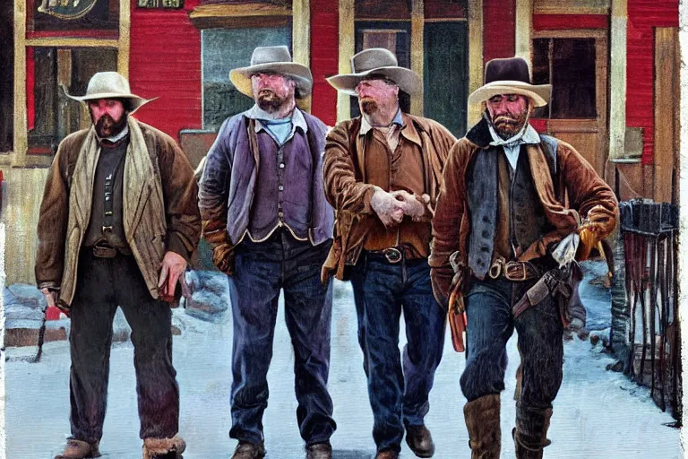 Prompt: banker - phillip - seymour - hoffman and two rugged bandits in a busy old west main street, in the style of an oil painting, realistic, detailed