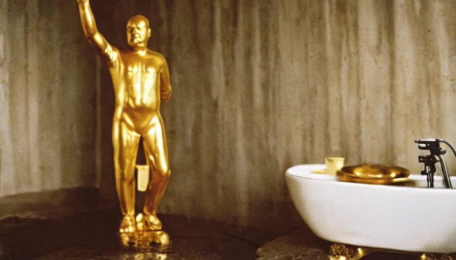 Prompt: movie still by tarkovsky portrait of a gold statue of lenin in the bathroom, cinestill 8 0 0 t 3 5 mm, heavy grain, high quality, high detail