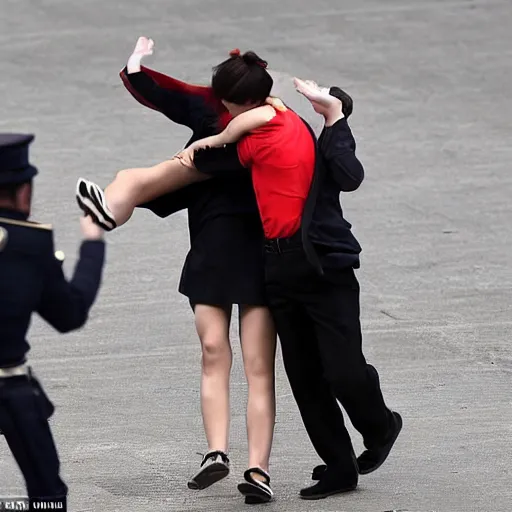 Image similar to angry emma watson putting xi jinping in a headlock as security agents close in